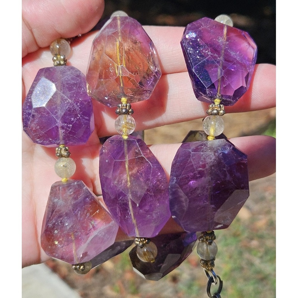 Natural Faceted Ametrine Amethyst Citrine Necklace Sterling Silver Statement 24" - Picture 6 of 17